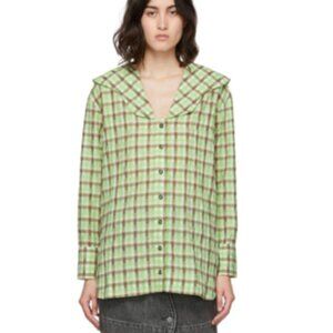 GANNI Seersucker Check Button Down Shirt in Oyster Gray Green Size 8
